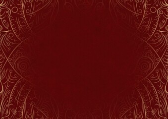 Deep red textured paper with vignette of golden hand-drawn pattern. Copy space. Digital artwork, A4. (pattern: p08-2a)