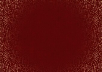 Deep red textured paper with vignette of golden hand-drawn pattern. Copy space. Digital artwork, A4. (pattern: p08-2b)