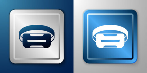 White Virtual reality glasses icon isolated on blue and grey background. Stereoscopic 3d vr mask. Optical head mounted display. Silver and blue square button. Vector