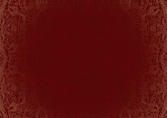 Deep red textured paper with vignette of golden hand-drawn pattern. Copy space. Digital artwork, A4. (pattern: p09b)
