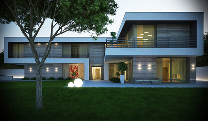 3D visualization of a modern house. House with a flat roof. Modern unique architecture