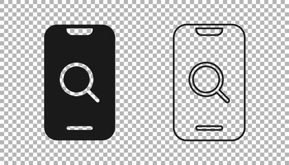 Black Magnifying glass and mobile icon isolated on transparent background. Search, focus, zoom, business symbol. Vector