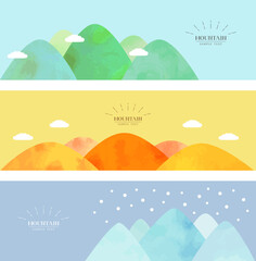 水彩風 季節の山　横長背景イラスト素材 / vector eps