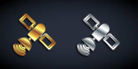 Gold and silver Satellite icon isolated on black background. Long shadow style. Vector