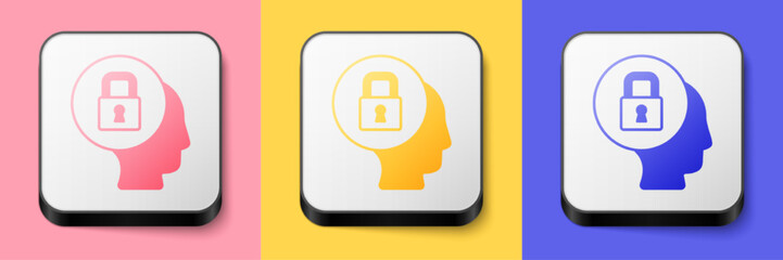 Obraz premium Isometric Lock icon isolated on pink, yellow and blue background. Padlock sign. Security, safety, protection, privacy concept. Square button. Vector