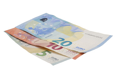 five, ten and twenty euro banknotes on a transparent background