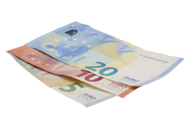 five, ten and twenty euro banknotes on a transparent background
