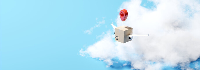 Delivery service. Cargo plane made of paper box flying over clouds. business logistics, transportation industry. Creative idea concept. 3d rendering