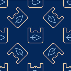 Line Paper shopping bag with recycle icon isolated seamless pattern on blue background. Bag with recycling symbol. Vector