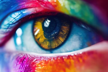 Close up of female eye with bright multicolored eye. Abstract picture of The Eye. Colorful colors. Holi Festival.