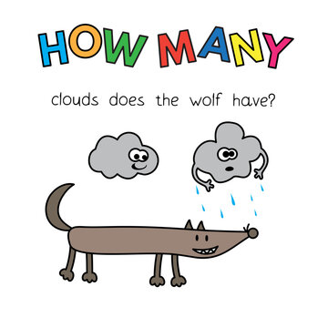 Cartoon wolf counting game. Vector illustration for children education. How many clouds does the wolf have