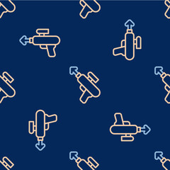 Line Fishing harpoon icon isolated seamless pattern on blue background. Fishery manufacturers for catching fish under water. Diving underwater equipment. Vector