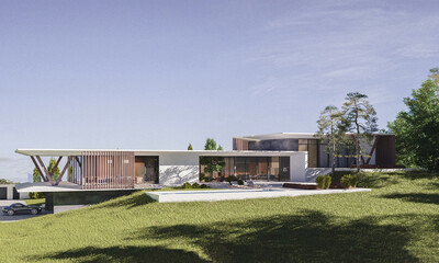 Fototapeta na wymiar 3D visualization of a modern house. House with a flat roof. Modern unique architecture