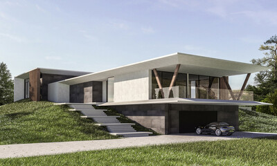 3D visualization of a modern house. House with a flat roof. Modern unique architecture