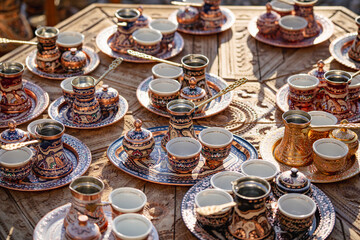 Many golden pots or kettles for Turkish coffee