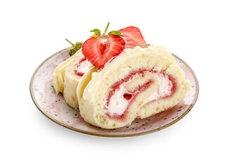 Plate with slices of tasty strawberry roll cake on white background