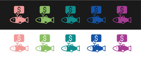 Set Price tag for fish icon isolated on black and white background. Vector