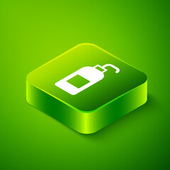 Obraz premium Isometric Bottle of liquid antibacterial soap with dispenser icon isolated on green background. Antiseptic. Disinfection, hygiene, skin care. Green square button. Vector