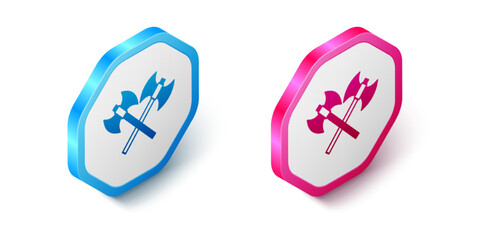 Isometric Crossed medieval axes icon isolated on white background. Battle axe, executioner axe. Medieval weapon. Hexagon button. Vector