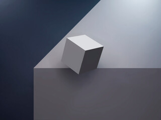 Optical illusion of a cube balancing on the edge of table