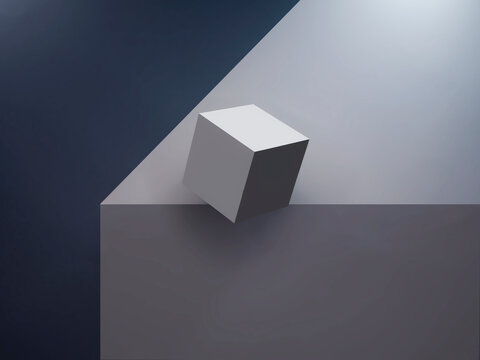 Optical Illusion Of A Cube Balancing On The Edge Of Table