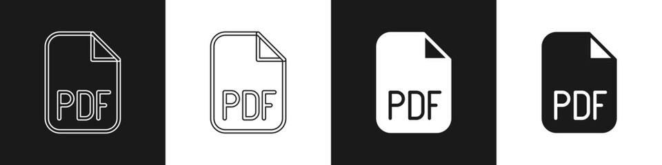 Set PDF file document. Download pdf button icon isolated on black and white background. PDF file symbol. Vector