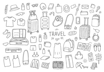 旅行の持ち物にまつわる手描きイラスト（モノクロ）