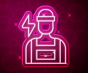 Glowing neon line Electrician technician engineer icon isolated on red background. Vector