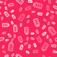 White line Battery charge level indicator icon isolated seamless pattern on red background. Vector
