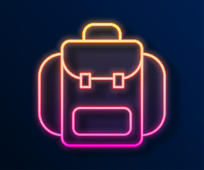 Obraz premium Glowing neon line Hiking backpack icon isolated on black background. Camping and mountain exploring backpack. Vector