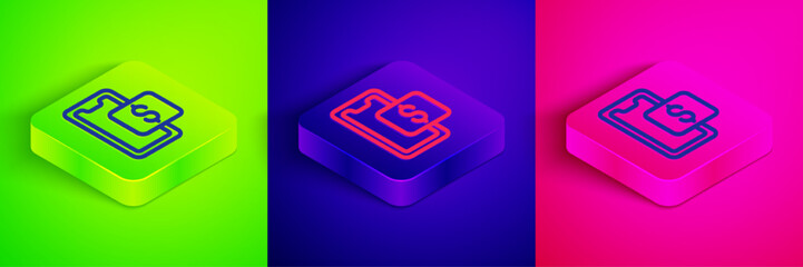 Isometric line Mobile phone and shopping cart icon isolated on green, blue and pink background. Online buying symbol. Supermarket basket symbol. Square button. Vector