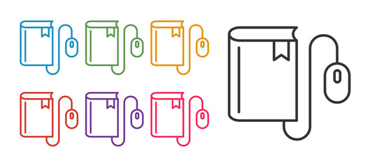 Set line Electronic book with mouse icon isolated on white background. Online education concept. E-book badge icon. Set icons colorful. Vector