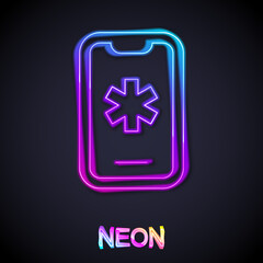 Obraz premium Glowing neon line Telephone with emergency call 911 icon isolated on black background. Police, ambulance, fire department, call, phone. Vector