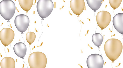 Balloons background. Realistic gold and silver balloons and confetti on a white background.  Holiday party banner. Postcard for party and celebrations. 