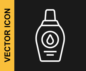 White line Bottle of shampoo icon isolated on black background. Vector