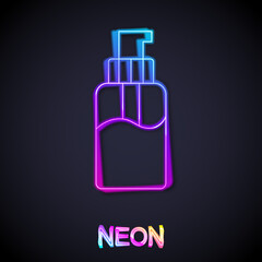 Glowing neon line Bottle of liquid antibacterial soap with dispenser icon isolated on black background. Disinfection, hygiene, skin care concept. Vector