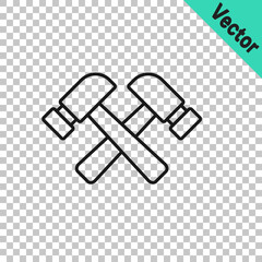 Black line Crossed hammer icon isolated on transparent background. Tool for repair. Vector