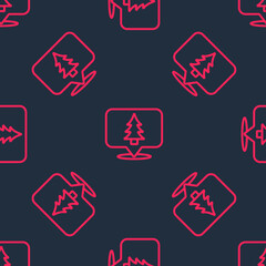 Red line Location of the forest on a map icon isolated seamless pattern on black background. Vector