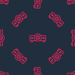 Red line Presentation, movie, film, media projector icon isolated seamless pattern on black background. Vector