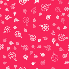 White line Lollipop icon isolated seamless pattern on red background. Candy sign. Food, delicious symbol. Vector