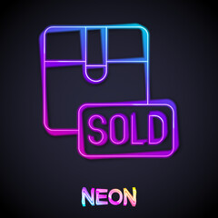 Glowing neon line Sold icon isolated on black background. Vector