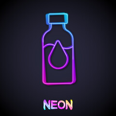 Glowing neon line Oil petrol test tube icon isolated on black background. Cmemistry flask and falling drop. Vector