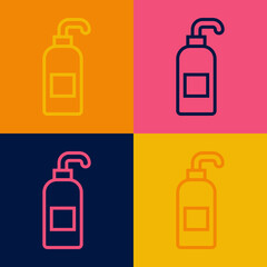 Pop art line Bottle of liquid antibacterial soap with dispenser icon isolated on color background. Antiseptic. Disinfection, hygiene, skin care. Vector