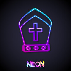 Obraz premium Glowing neon line Pope hat icon isolated on black background. Christian hat sign. Vector