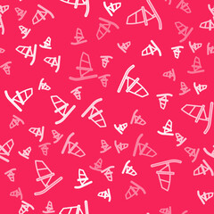 White line Windsurfing icon isolated seamless pattern on red background. Vector