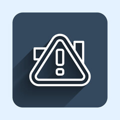 White line Exclamation mark in triangle icon isolated with long shadow background. Hazard warning sign, careful, attention, danger warning important. Blue square button. Vector