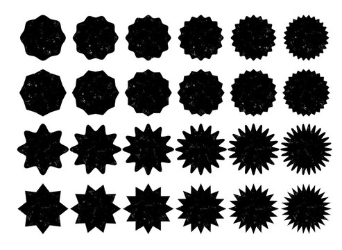 Conjunto de formas de estrellas en color negro y con textura grunge. Pegatinas de venta o descuento, iconos, insignias. Estrellas con diferente número de rayos, con vértices redondos y de punta. 