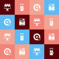 Set pop art Cake, Electric coffee grinder, Medal for and Coffee machine icon. Vector