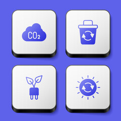 Fototapeta premium Set CO2 emissions in cloud, Recycle bin, Electric saving plug leaf and Solar energy panel icon. White square button. Vector