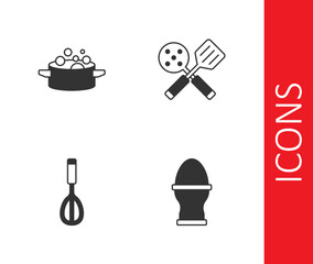 Set Chicken egg on a stand, Cooking pot, Kitchen whisk and Spatula icon. Vector
